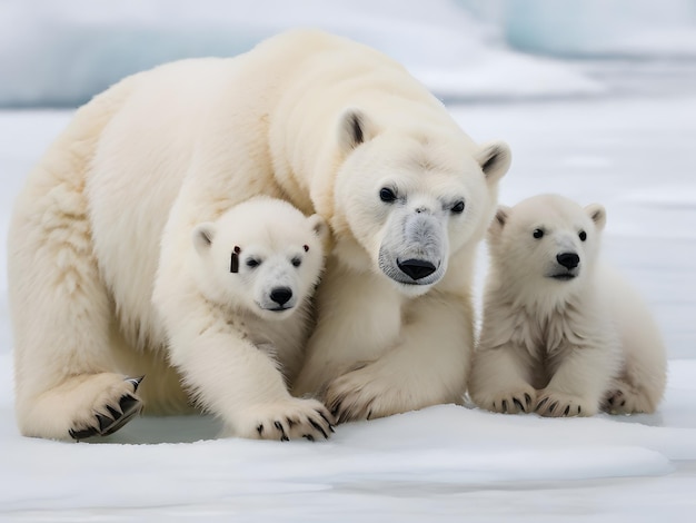 Un momento de ternura entre una madre oso polar y sus cachorros