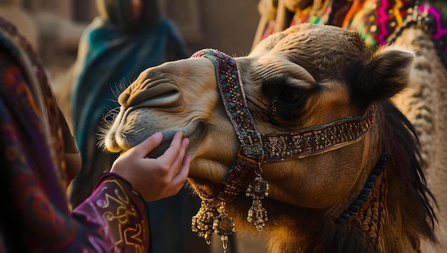 Momento tierno como persona mascotas adornadas cabezas de camellos evento cultural vestido tradicional conexión cálida escena al aire libre con toque afectuoso IA