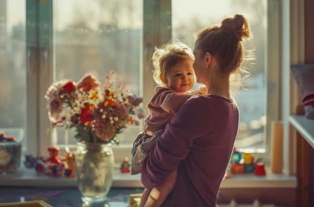 Un momento tierno cuando una madre sostiene a su hijo en una habitación iluminada por el sol rodeada de la alegría y la calidez de la vida en el hogar