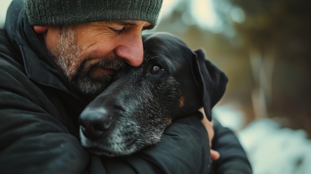 Momento tierno entre un hombre y su perro negro mayor en un entorno invernal nevado
