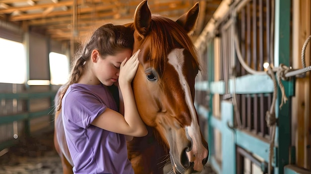 Momento tierno entre una joven y su caballo en un establo Una conexión conmovedora capturada en un entorno rústico ideal para el estilo de vida y los temas animales IA