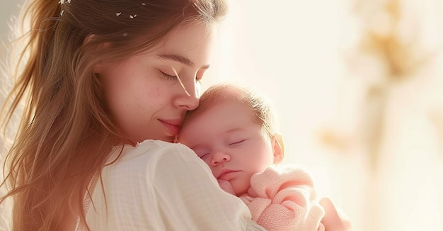 Momento tierno entre una madre y su bebé recién nacido durmiente con luz de fondo suave