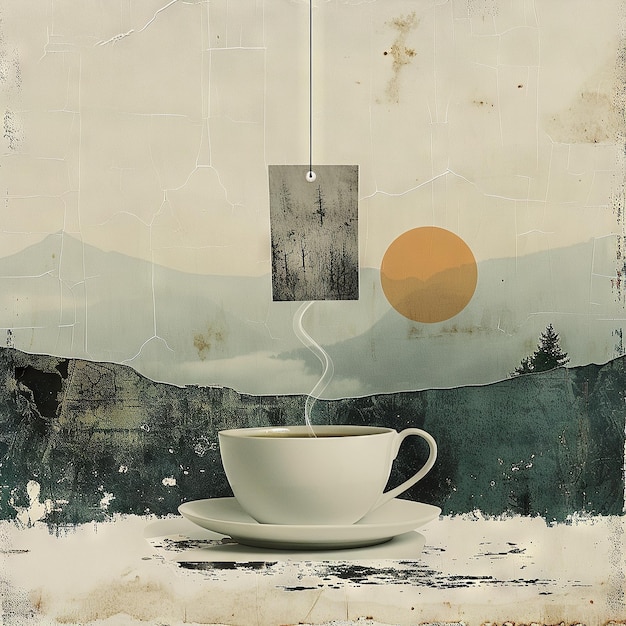 El momento de la tranquilidad y el calor del té de hierbas en el collage de arte contemporáneo
