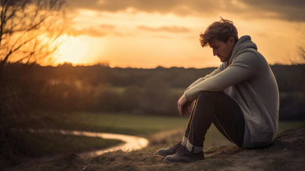 Foto momento tranquilo el hombre se sienta solo viendo la puesta de sol