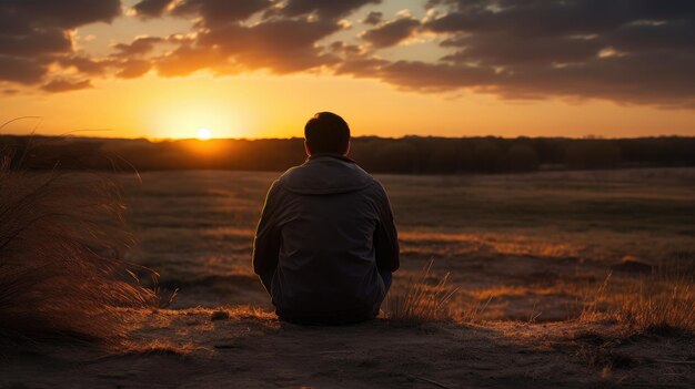 Momento tranquilo El hombre se sienta solo viendo la puesta de sol