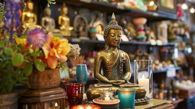 momento tranquilo de reflexión como un cliente admira una estatua de oro de Buda en una boutique espiritual en busca de bendiciones y iluminación a través de artefactos sagrados