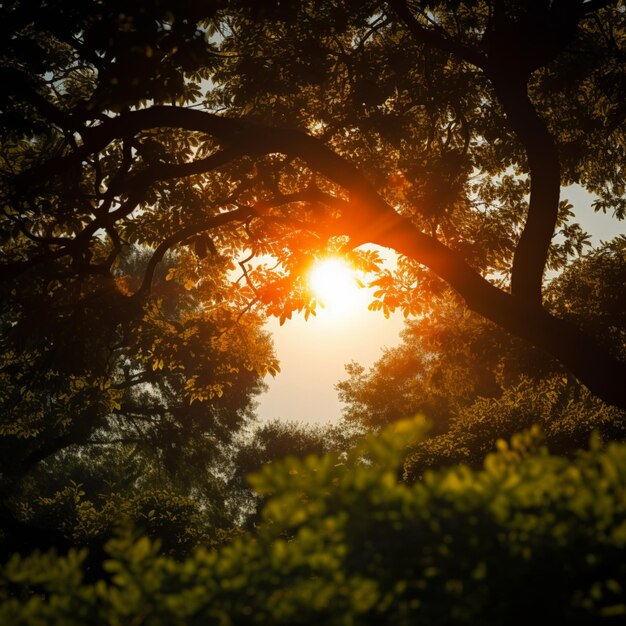 Foto momento tranquilo sol visto a través de las ramas de los árboles exuberantes para las redes sociales