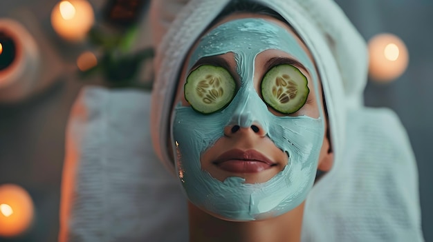 Un momento tranquilo en el spa con una máscara facial relajante y rebanadas de pepino para un lujoso tratamiento de la piel y