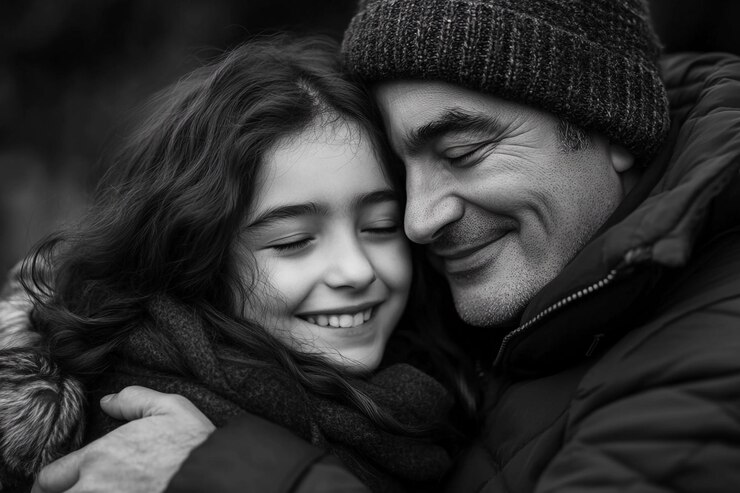 Momento de unión familiar entre padre e hija en blanco y negro IA generativa