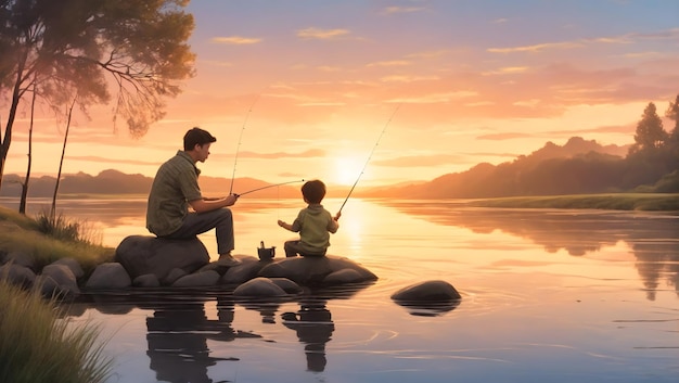 Un momento de unión entre padre e hijo pescando en un río tranquilo mientras el sol se pone en el fondo illu