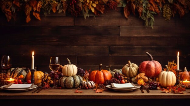 Foto momentos de acción de gracias calabaza y arce en fondo de madera oscura