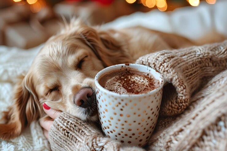 Momentos acogedores Un golden retriever se acurruca con una bebida caliente
