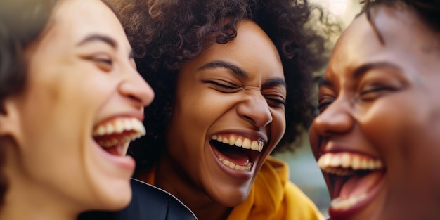 Foto momentos alegres de amistad de cerca retrato de tres mujeres riendo juntas al aire libre
