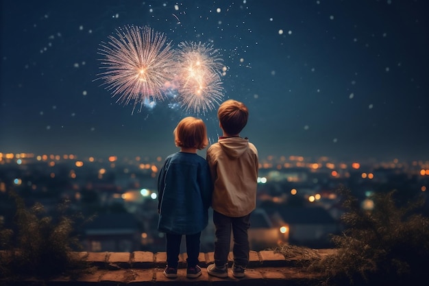 Momentos alegres dos niños niño y niña hipnotizados por los fuegos artificiales