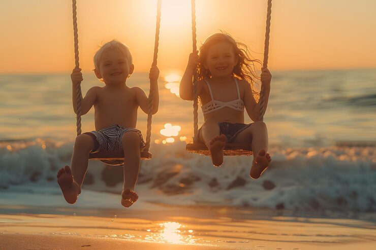 Momentos alegres Los niños se balancean al atardecer en la playa
