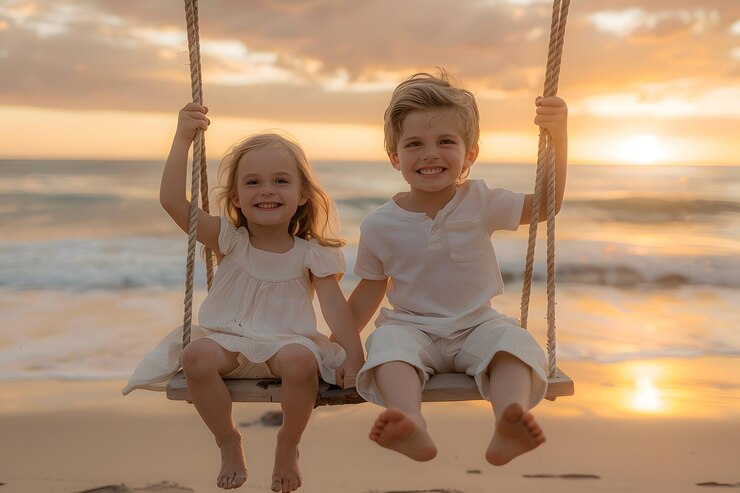 Momentos alegres en la playa Niños balanceándose al atardecer