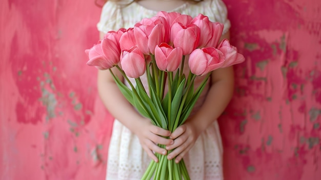 Momentos apreciados Menina com tulipas cor-de-rosa