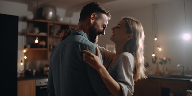 Momentos da vida Casal jovem feliz e amoroso dançando dança romântica no encontro na cozinha moderna, marido e mulher sorridentes comemorando aniversário Generative Ai