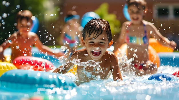 Momentos de verão despreocupados de crianças brincando em coloridas piscinas infláveis