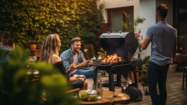 Foto momentos divertidos con amigos durante una barbacoa en el patio trasero