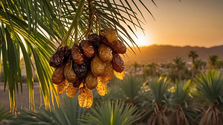 Momentos dorados Palmas de dátiles cargadas de frutas a medida que se pone el sol