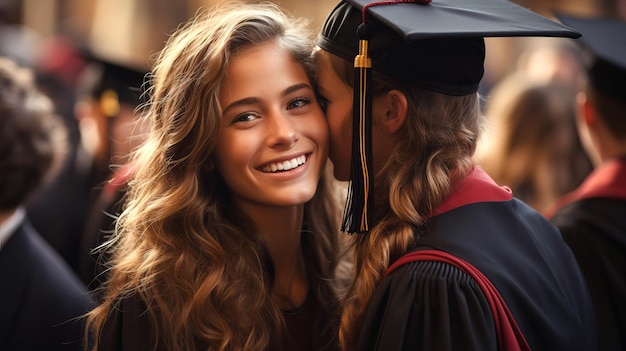 Foto momentos emocionais quando os graduados se abraçam depois da cerimônia de formatura