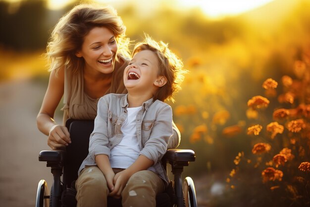 Momentos empoderadores con una joven parapléjica y madre cariñosa IA generativa