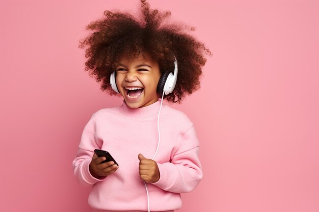 Foto momentos encantadores de criança pequena desfrutando de música através de fones de ouvido dançando com telefone isolado em fundo rosa expressando verdadeiras emoções positivas de criança feliz à moda em entretenimento