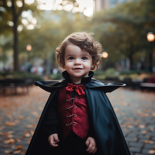 Momentos encantadores de halloween, menino fantasiado de vampiro em nova  york