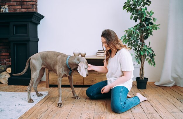 Momentos de estilo de vida de una mujer joven en casa. Mujer jugando con su perro en la sala de estar