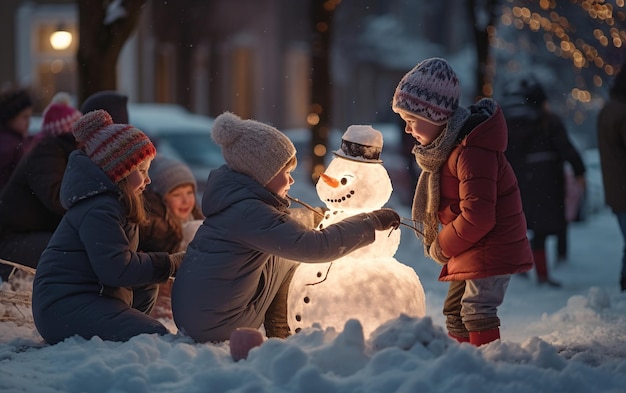 Momentos extravagantes de inverno, crianças criando bonecos de neve em uma festiva cidade nevada