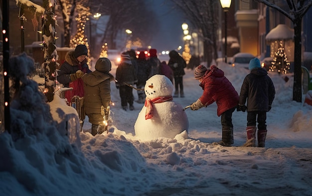 Momentos extravagantes de inverno, crianças criando bonecos de neve em uma festiva cidade nevada