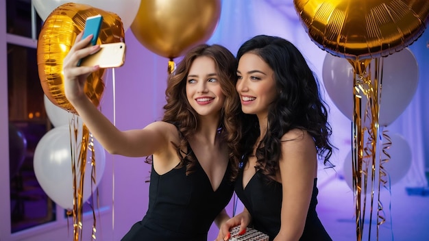 Momentos felizes de festa de duas jovens à moda fazendo selfie