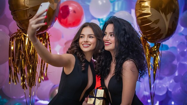 Momentos felizes de festa de duas jovens à moda fazendo selfie