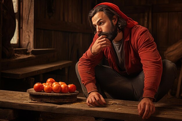 Momentos Frutíferos Um homem saboreando alegremente um tomate fresco num banco de madeira rústico