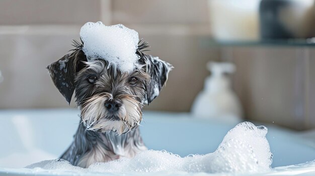 Momentos hilariantes capturados cachorros schnauzer engraçados primeiro banho com bolhas em um salão de higiene