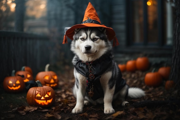 Momentos mágicos de Husky Cão Siberiano adorável em traje de Halloween em meio a abóboras e ornamentos