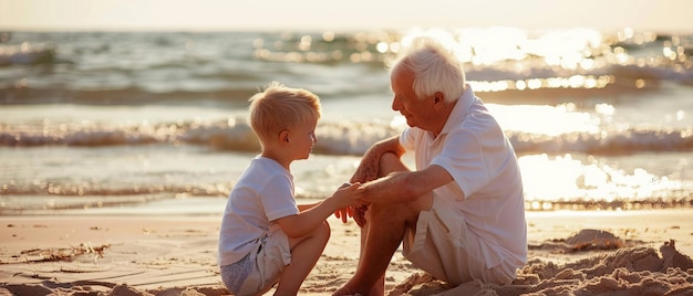 Momentos memoráveis Unindo-se na praia Um avô e seu lindo menino