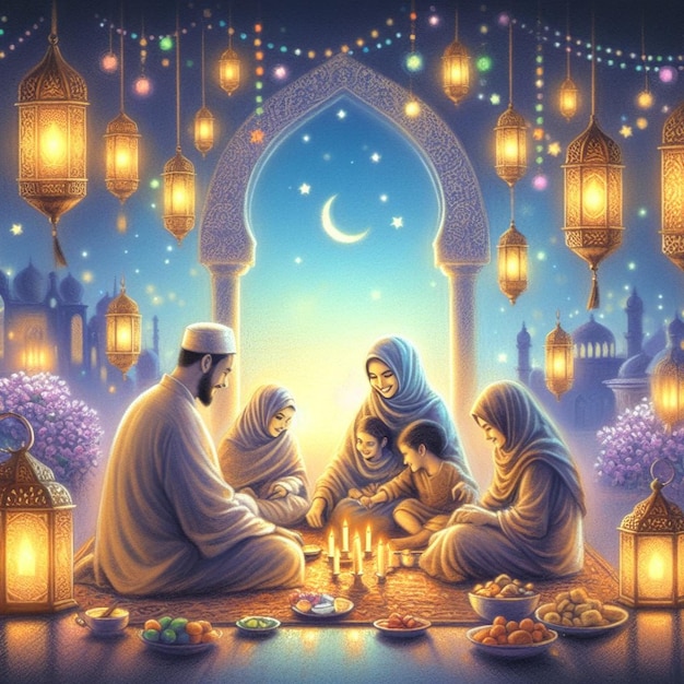 momentos pastel de unidade familiar do Ramadã pátio iluminado por lanternas e luz de velas suaves durante o iftar