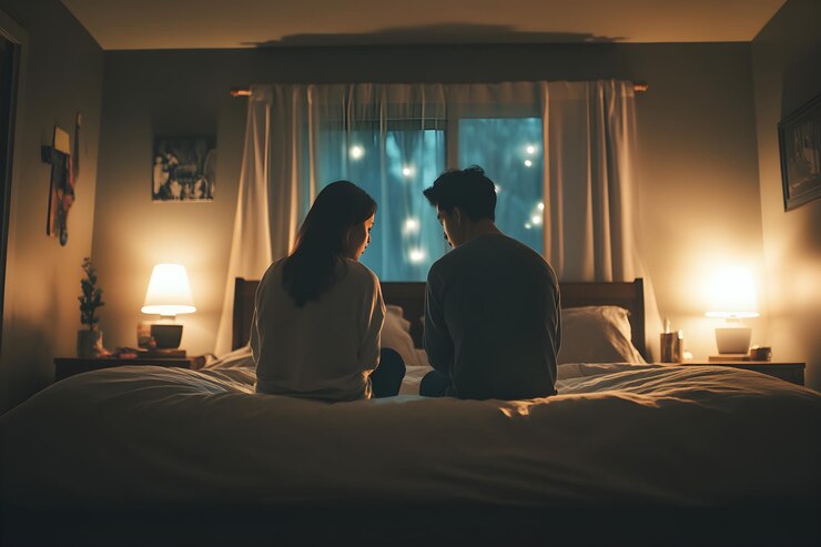 Foto momentos problemáticos um casal infeliz sentado na cama do quarto cheio de tensão e distância