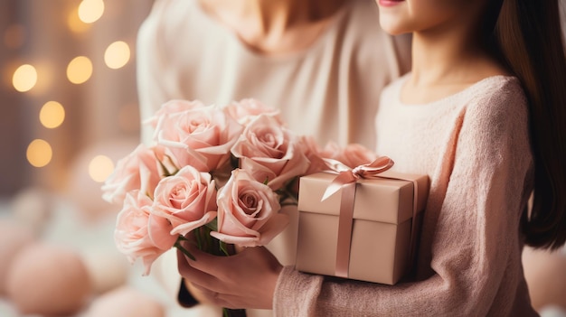 Foto momentos queridos mãe e filha com rosas e presentes tema do dia da mãe