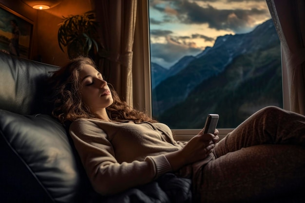 Momentos relaxantes no sofá Uma rapariga envolvida no telemóvel