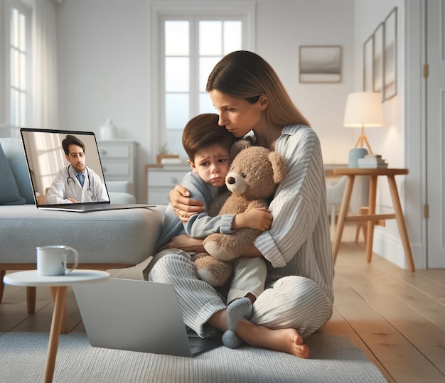 Foto momentos serenos de cuidados de telemedicina pediátrica num cenário minimalista