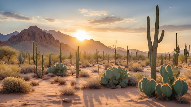 Foto momentos tranquilos mientras el desierto pasa del día a la noche con el sol poniéndose detrás de un cúmulo o