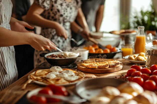 Momentos de unión familiar que capturan la alegría de preparar el desayuno juntos en la mesa