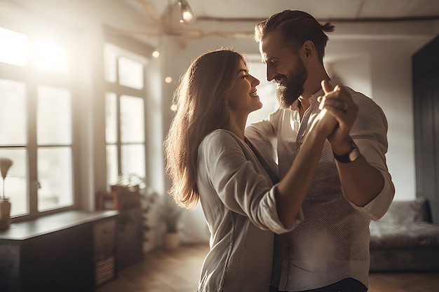 Momentos de la vida feliz amorosa pareja joven bailando la danza romántica en la fecha en la cocina moderna sonriente marido y mujer celebrando el aniversario generativo Ai