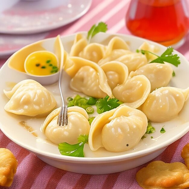 Momos de frango atraentes em um prato