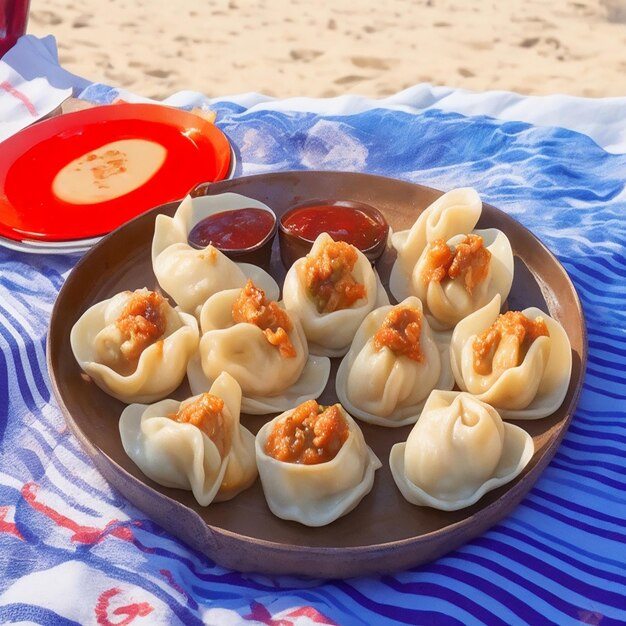 Momos de frango atraentes em um prato