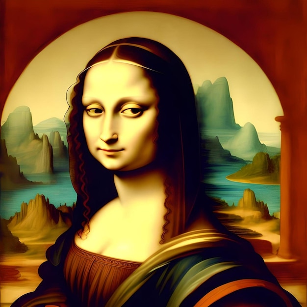 Mona Lisa blickt in die Kamera in einem Schloss mit Naturhintergrund, digitale Malerei