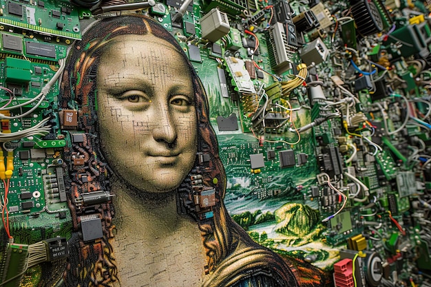 Mona Lisa hecha enteramente de piezas de computadora recicladas con placas de circuitos y cables dispuestos para representar su rostro sereno mezclando el arte clásico con la tecnología moderna en una fusión inesperada